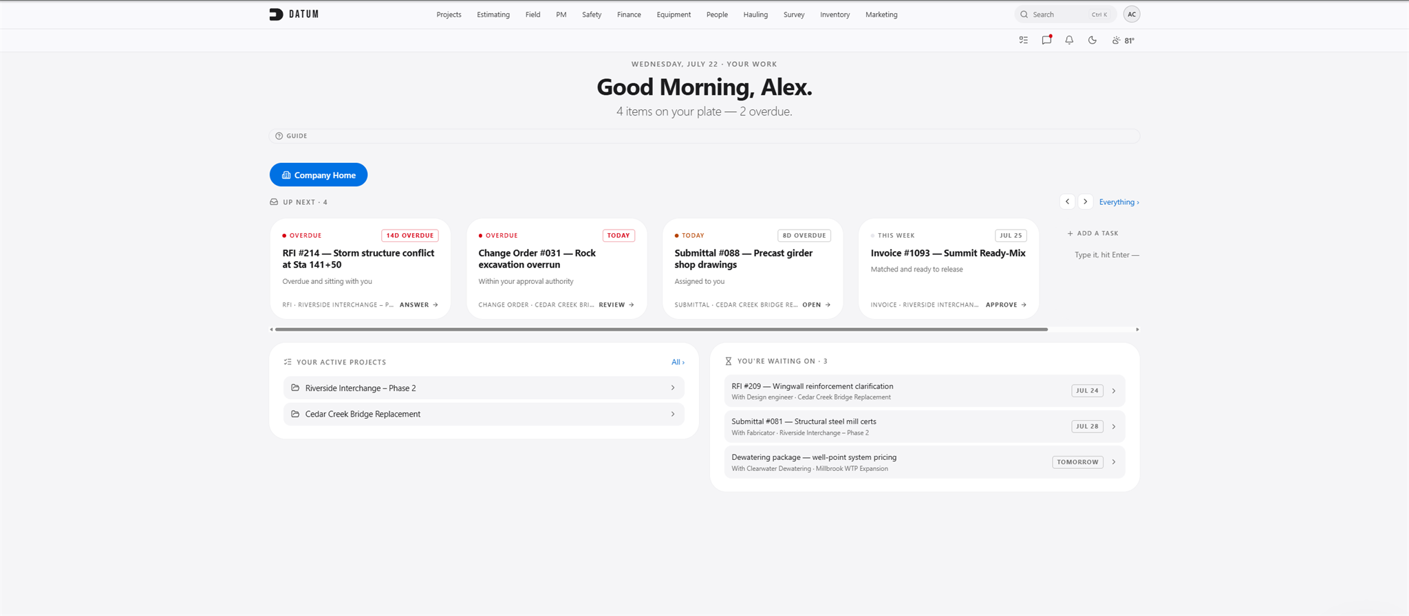 Datum's personal work home screen
