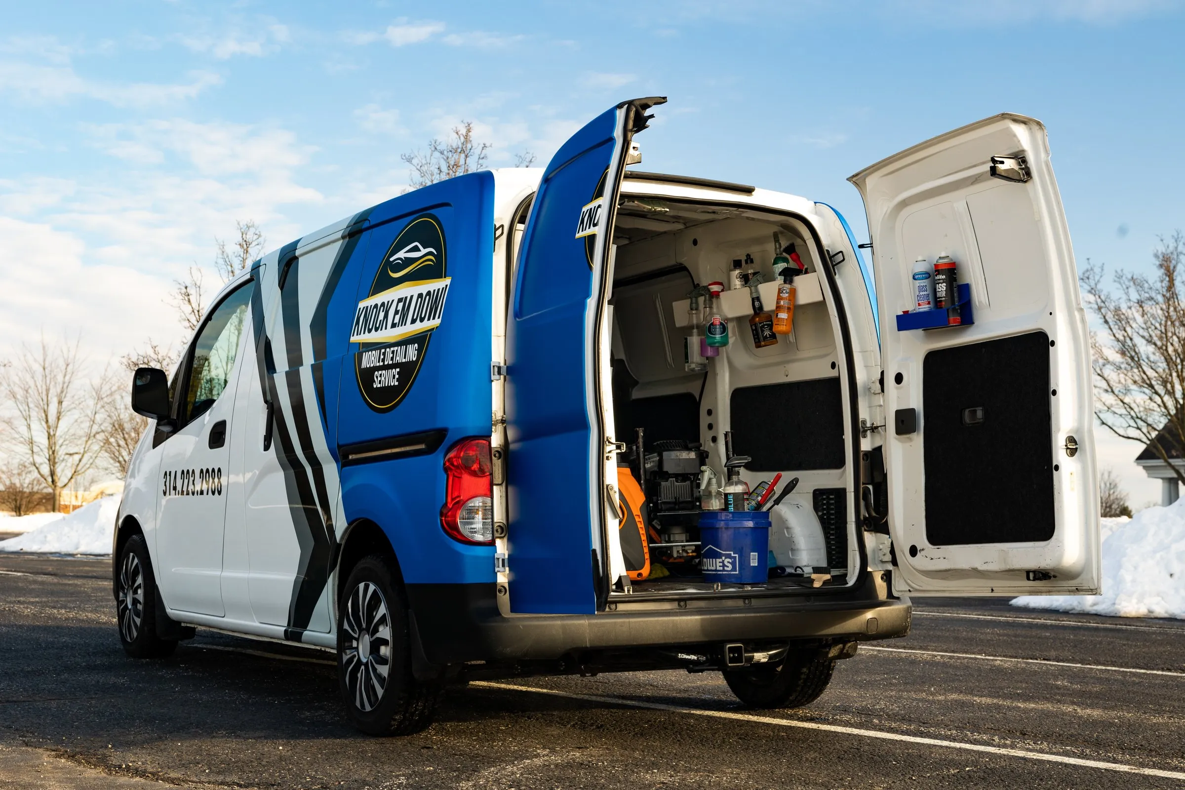 The detailing van's water tank, pressure washer and equipment
