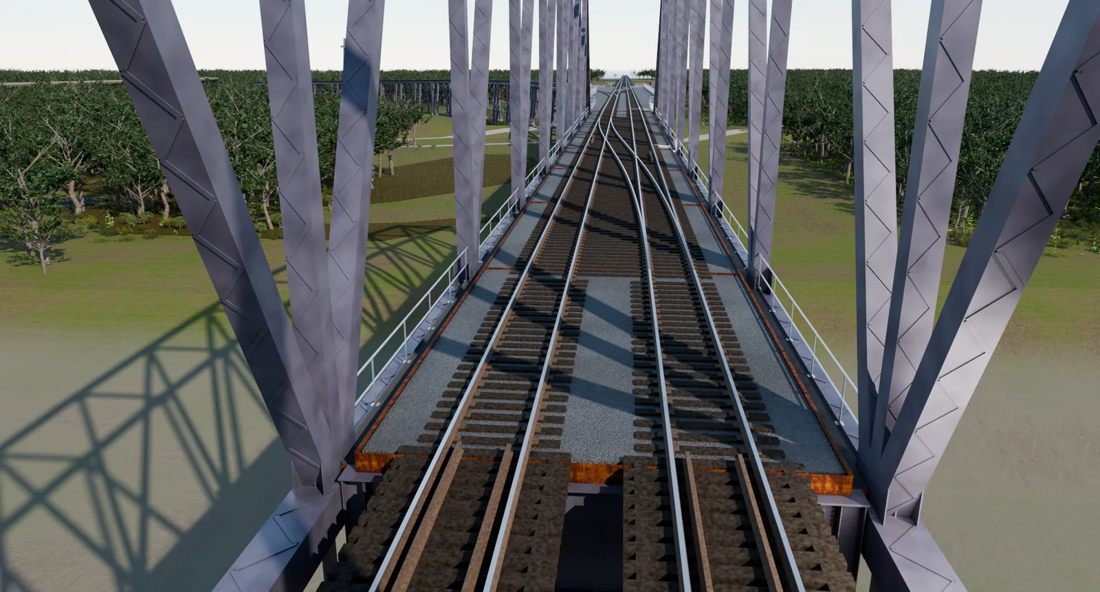 Standing on the bridge deck between the truss verticals, two ballasted tracks running away between the walkways and handrails.