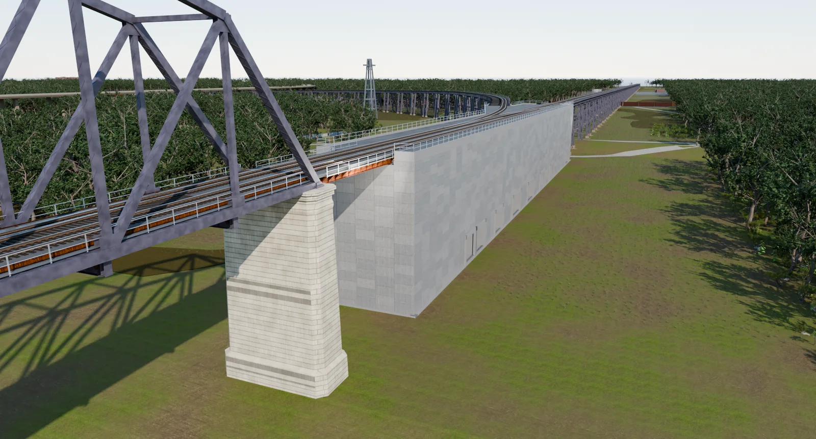 The steel truss on the left, the retaining wall and its limestone pier in the middle, and the approach trestle running off through the floodplain trees.
