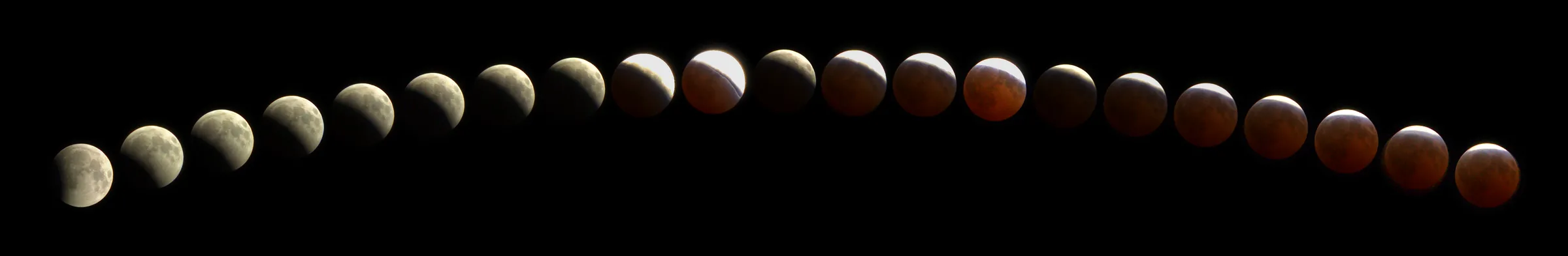 Twenty one moons in a shallow arc, running from a full white moon on the left through a shadow crossing the disc to a deep copper moon on the right.