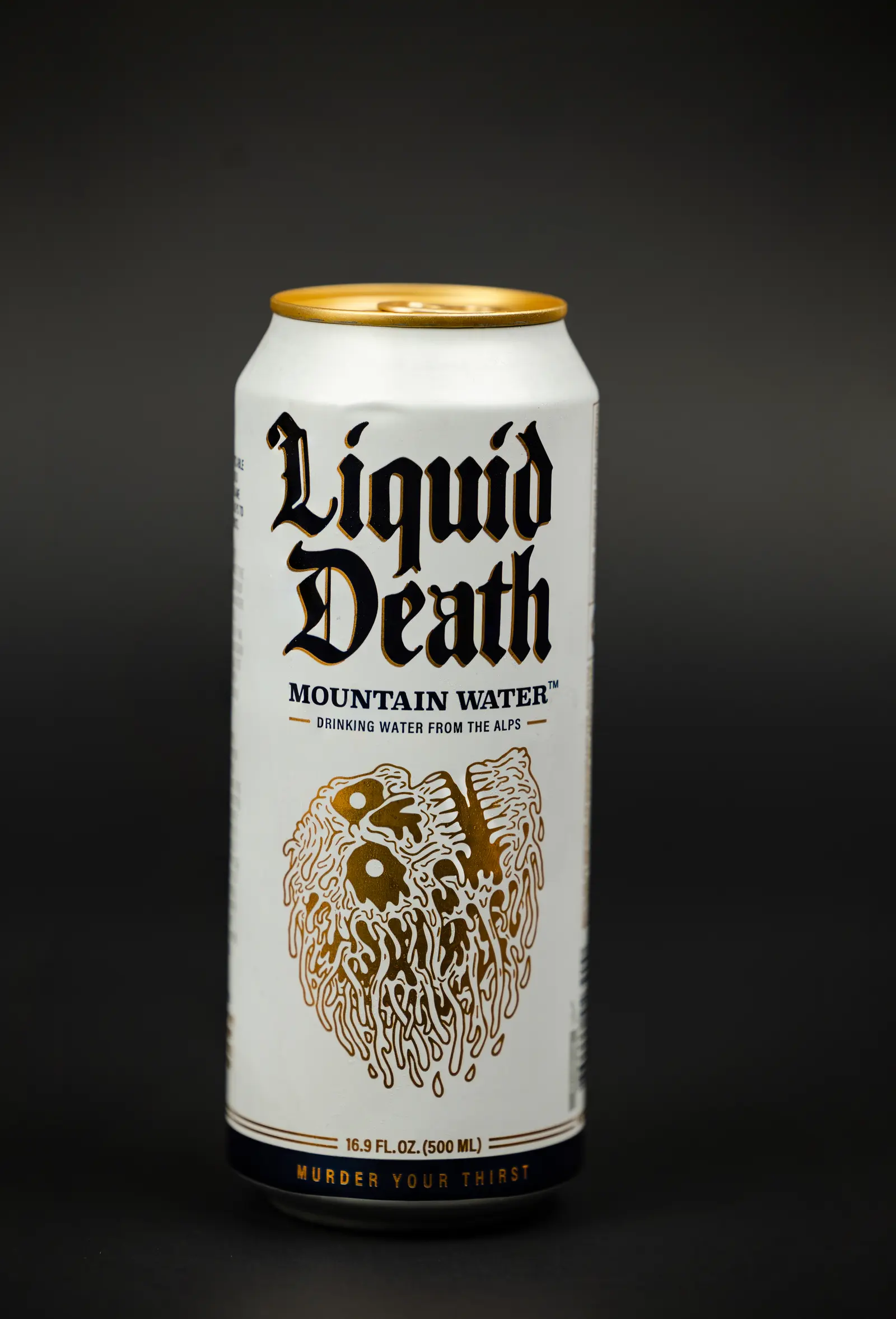 A stack of Liquid Death mountain water cans.