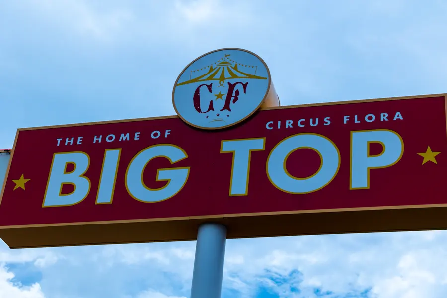 The Big Top marquee for Circus Flora against a bright sky.
