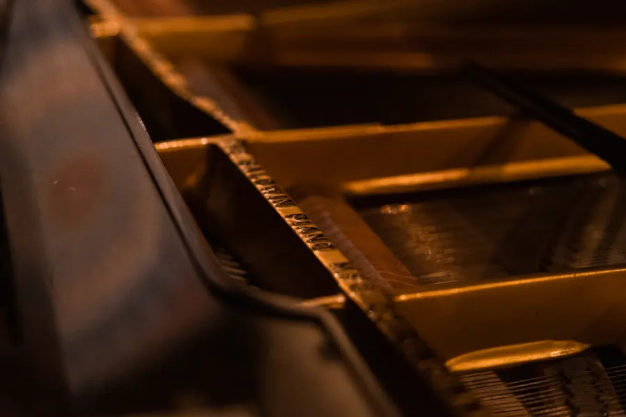 Warm light across the strings and frame of an open piano.