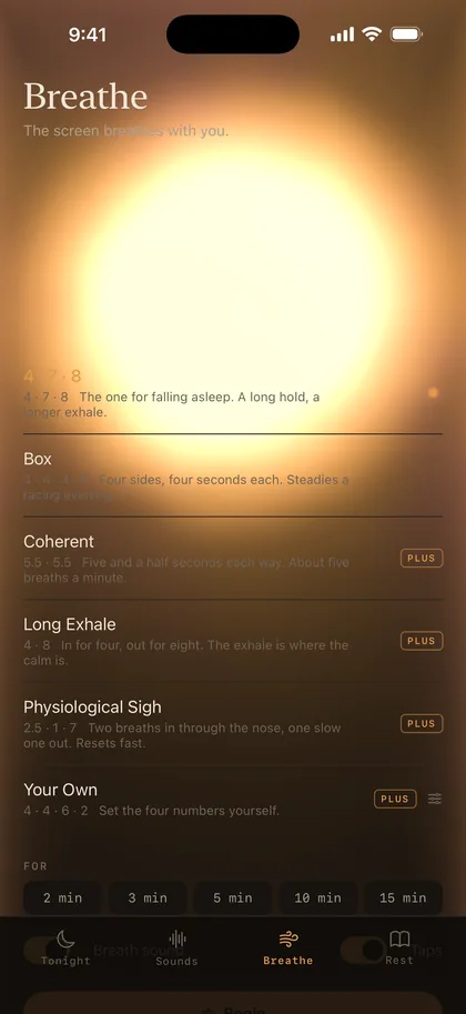 The Breathe screen: six breathing patterns and a session length.