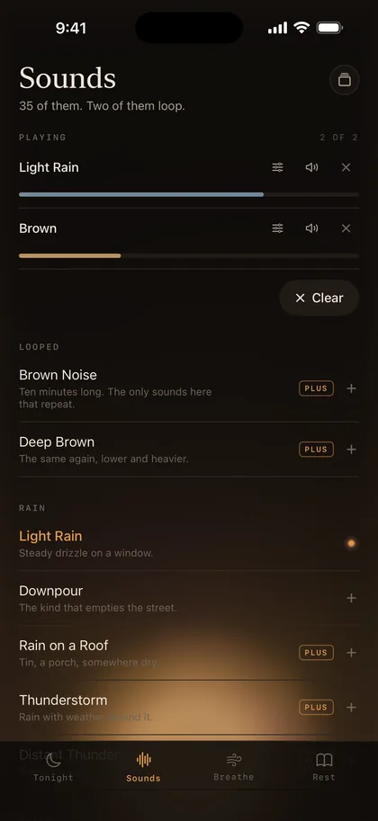 The Sounds screen: two sounds playing and layered, with the rest of the library below.