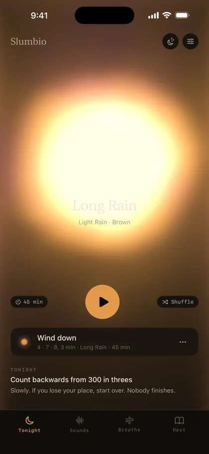The Tonight screen: a mix called Long Rain, a play button, the wind-down routine and a note on sleep.