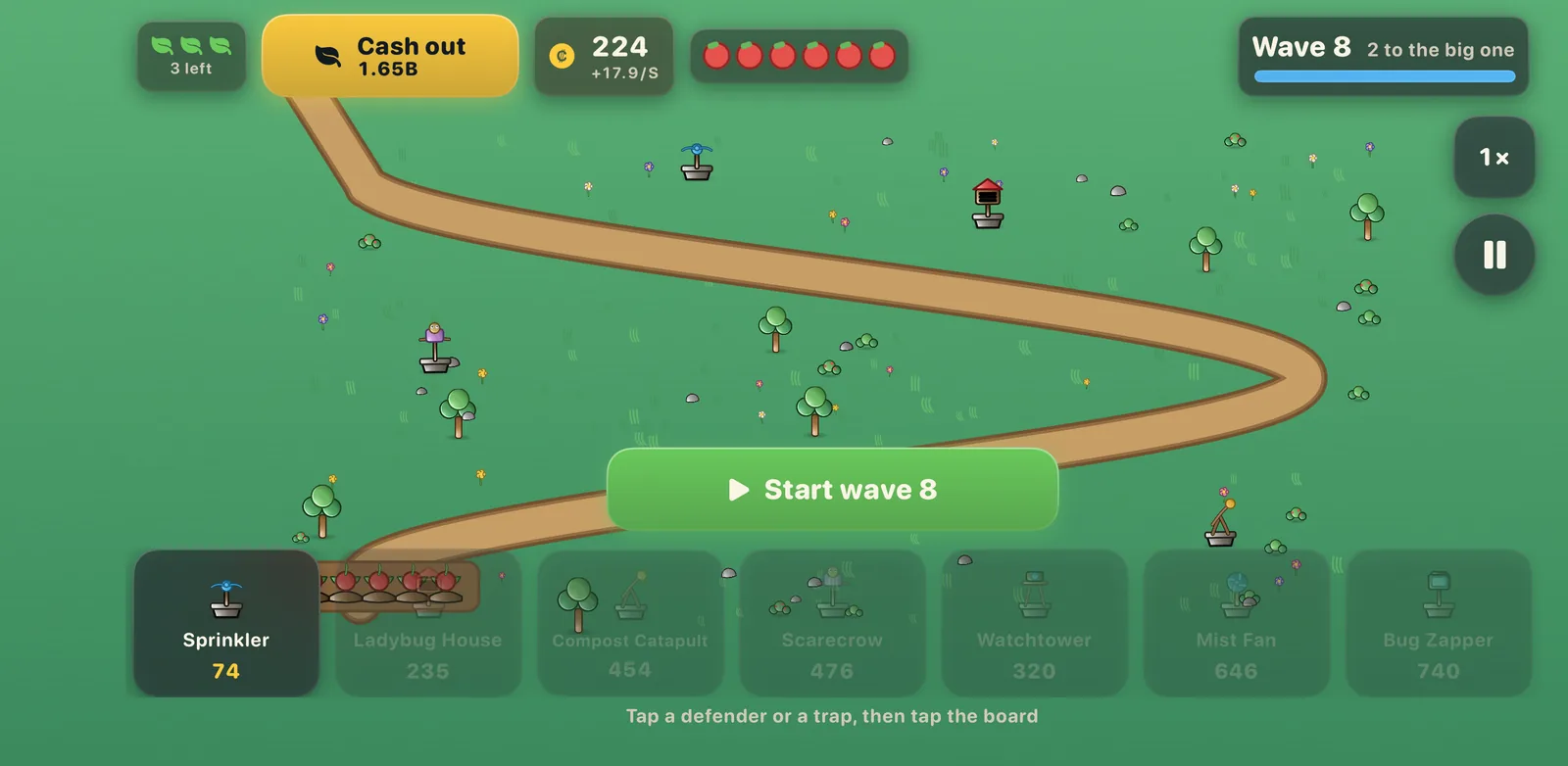 The defense board: a winding lane across a field, four defenders placed, and the defender tray with prices.
