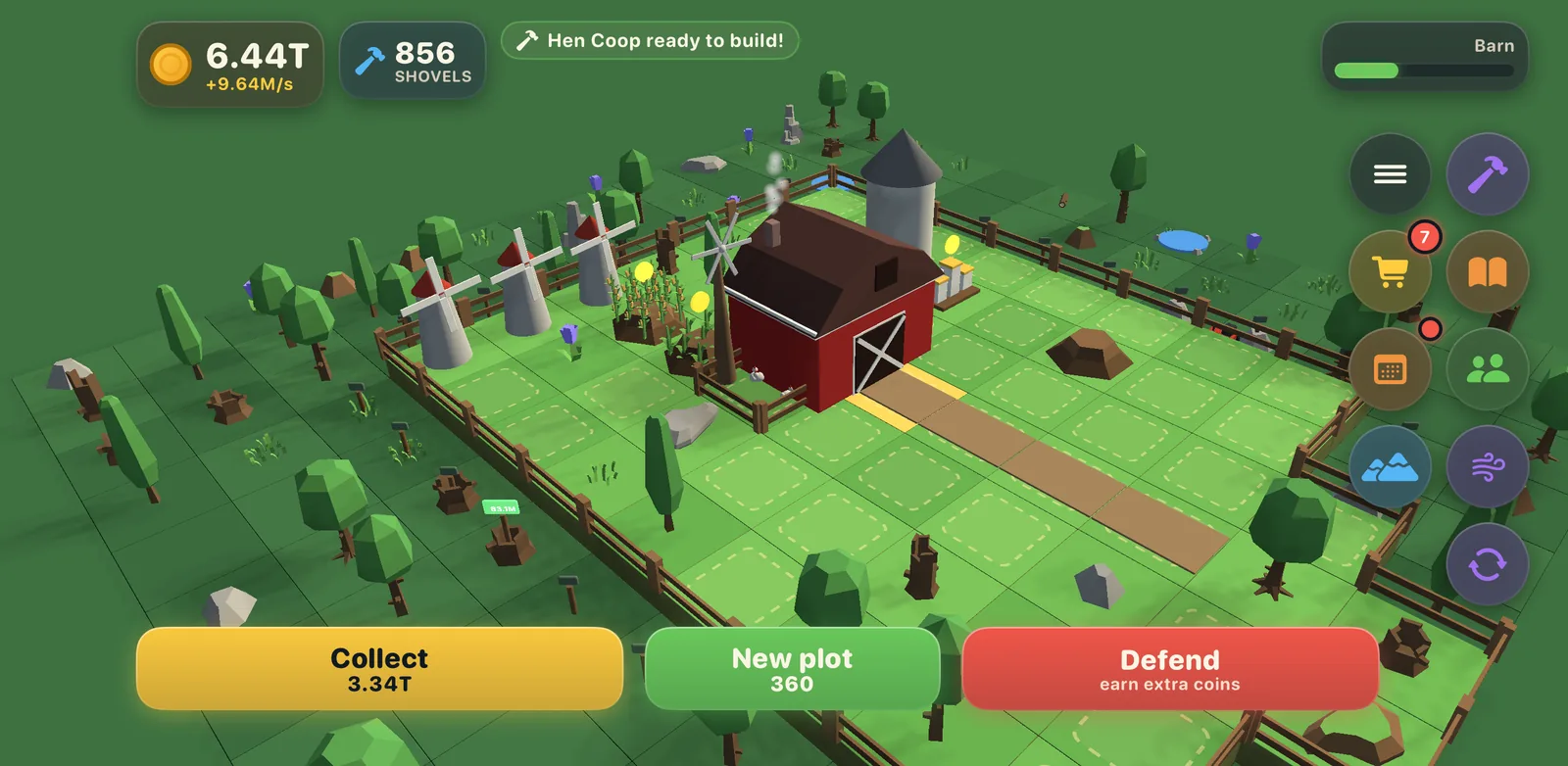 The farm: low poly plots, windmills and a barn, with collect, new plot and defend across the bottom.